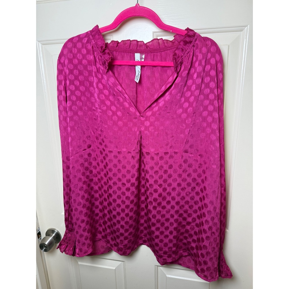 NY Collection Woman Magenta Pink Satin Polka Dot Peasant Blouse